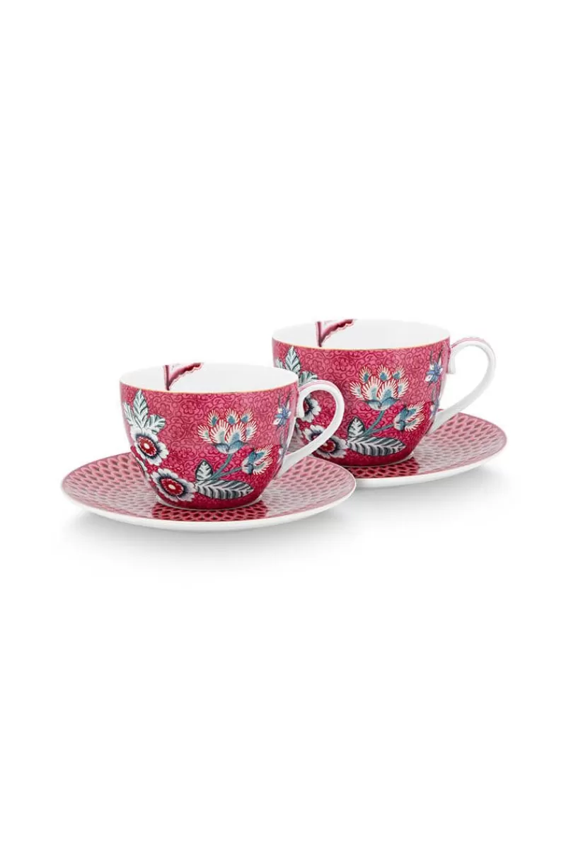 Pip Studio Lot De 2 Tasses Et Soucoupes A Cappuccino Flower Festival Rose Fonce New
