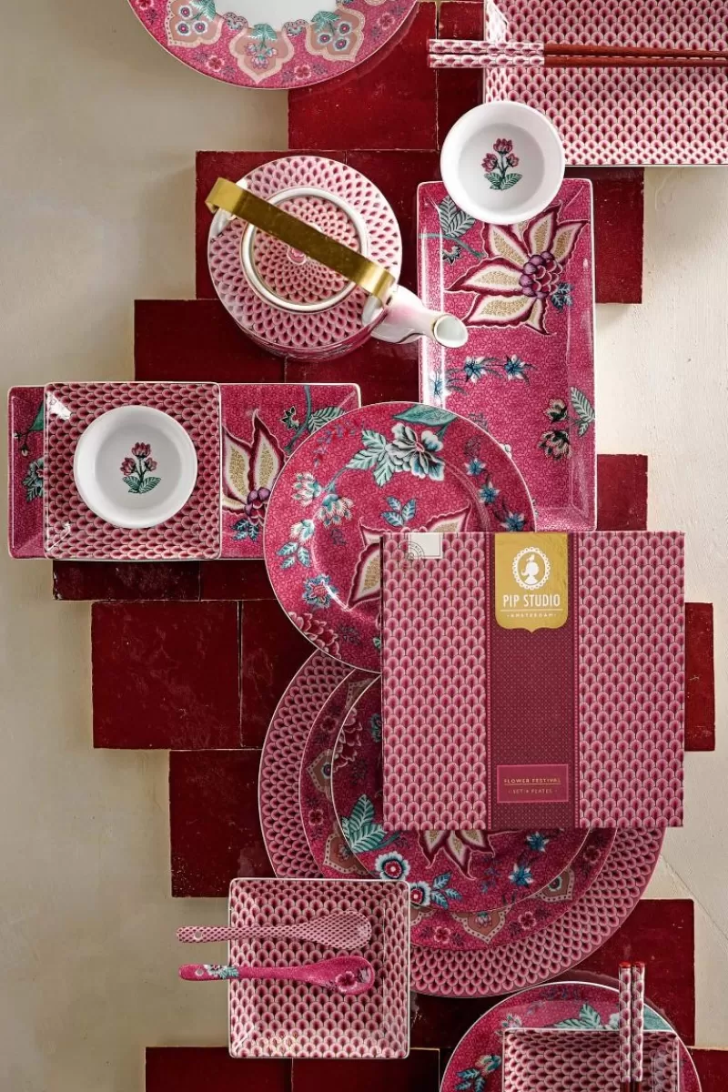 Pip Studio Lot De 4 Articles Assiettes Plates Flower Festival Fonce 26.5Cm Rose Fashion